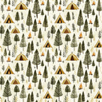 camping theme, forest pattern,, fabric panel, outdoor adventure, wilderness design, repeating pattern, nature motif, camping tents, triangular tents, evergreen trees, pine trees, campfire flames, forest green, beige background, cream backdrop, orange flames, brown tree trunks, woodland scene, camping fabric, quilting material