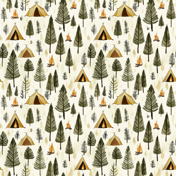 camping theme, forest pattern,, fabric panel, outdoor adventure, wilderness design, repeating pattern, nature motif, camping tents, triangular tents, evergreen trees, pine trees, campfire flames, forest green, beige background, cream backdrop, orange flames, brown tree trunks, woodland scene, camping fabric, quilting material