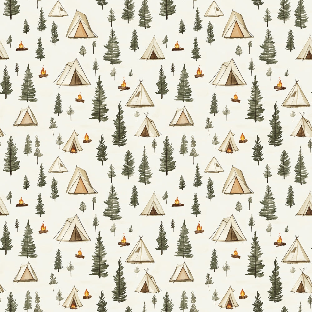camping theme, forest pattern, triangular tents, evergreen trees, pine trees, campfires, outdoor adventure, beige background, sage green, earth tones, brown accents, orange flames, wilderness scene, nature motif,, fabric panel, camping gear, woodland design, scattered pattern, outdoor lifestyle
