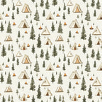 camping theme, forest pattern, triangular tents, evergreen trees, pine trees, campfires, outdoor adventure, beige background, sage green, earth tones, brown accents, orange flames, wilderness scene, nature motif,, fabric panel, camping gear, woodland design, scattered pattern, outdoor lifestyle