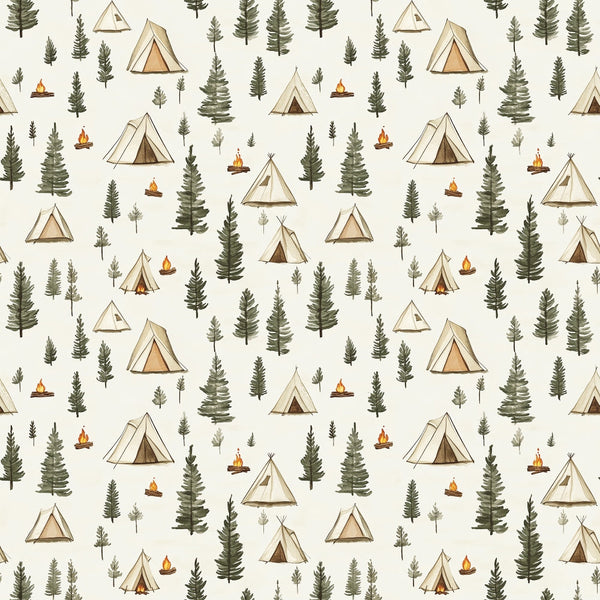 camping theme, forest pattern, triangular tents, evergreen trees, pine trees, campfires, outdoor adventure, beige background, sage green, earth tones, brown accents, orange flames, wilderness scene, nature motif,, fabric panel, camping gear, woodland design, scattered pattern, outdoor lifestyle
