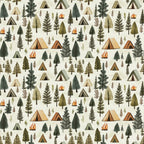 camping pattern, forest scene, tent designs, campfire motifs, tree silhouettes, evergreen trees, pine trees, nature theme, outdoor adventure, woodland pattern, beige background, green trees, orange flames, brown tents, earth tones,, repeating pattern, camping theme, forest elements, wilderness design