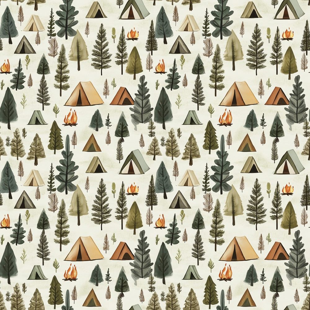 camping pattern, forest scene, tent designs, campfire motifs, tree silhouettes, evergreen trees, pine trees, nature theme, outdoor adventure, woodland pattern, beige background, green trees, orange flames, brown tents, earth tones,, repeating pattern, camping theme, forest elements, wilderness design