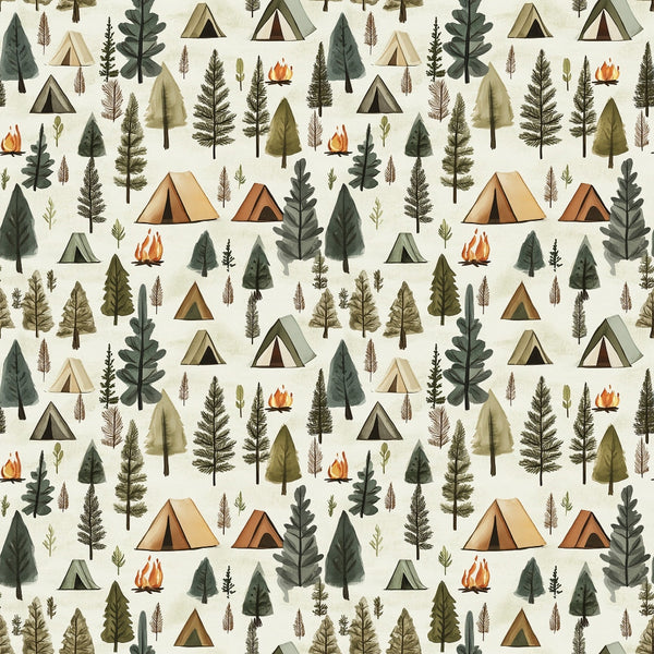 camping pattern, forest scene, tent designs, campfire motifs, tree silhouettes, evergreen trees, pine trees, nature theme, outdoor adventure, woodland pattern, beige background, green trees, orange flames, brown tents, earth tones,, repeating pattern, camping theme, forest elements, wilderness design