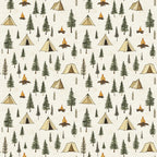 camping pattern, forest scene, pine trees, evergreen trees, beige tents, campfire, orange flames, cream background, outdoor adventure, wilderness theme, nature motif,, fabric panel, camping gear, woodland design, rustic style, earth tones, green trees, brown logs, scattered pattern
