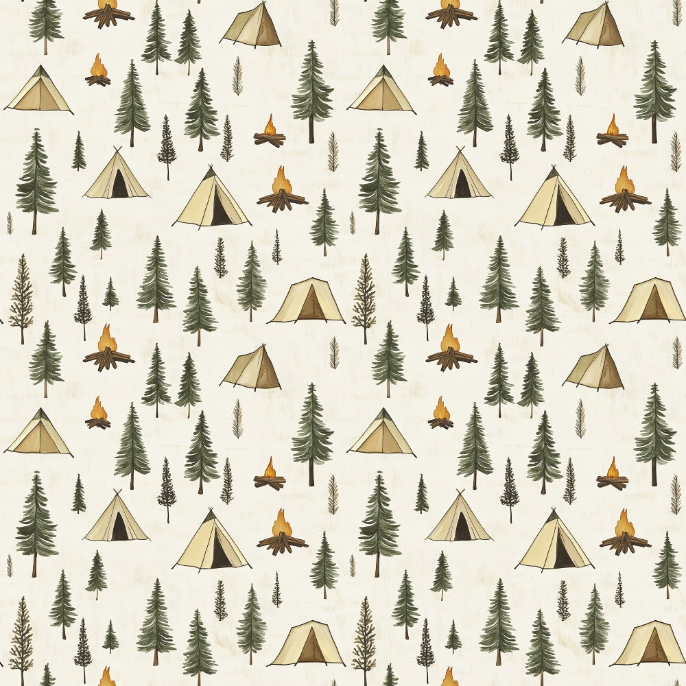 camping pattern, forest scene, pine trees, evergreen trees, beige tents, campfire, orange flames, cream background, outdoor adventure, wilderness theme, nature motif,, fabric panel, camping gear, woodland design, rustic style, earth tones, green trees, brown logs, scattered pattern