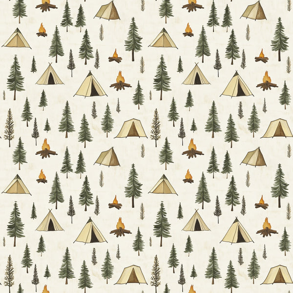 camping pattern, forest scene, pine trees, evergreen trees, beige tents, campfire, orange flames, cream background, outdoor adventure, wilderness theme, nature motif,, fabric panel, camping gear, woodland design, rustic style, earth tones, green trees, brown logs, scattered pattern