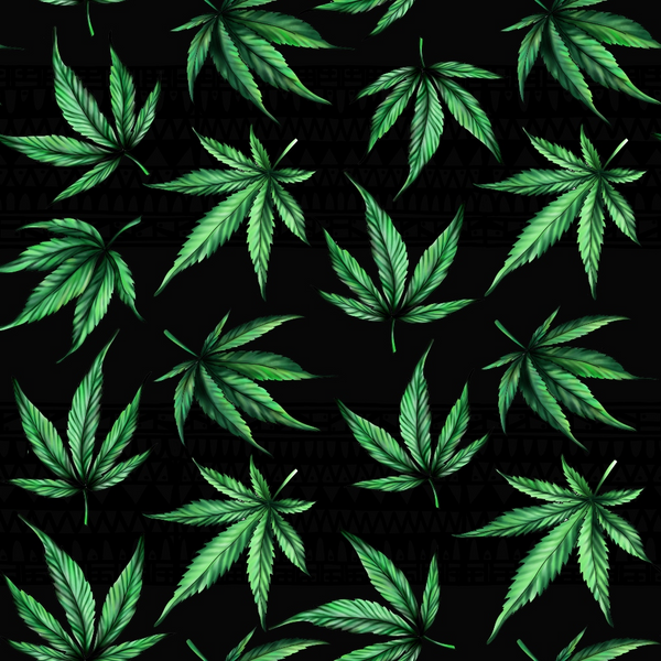 cannabis leaves, marijuana leaves, botanical pattern, green leaves, black background, emerald green, forest green, repeating pattern,, fabric panel, realistic leaves, serrated edges, nature motif, scattered design, leaf pattern, botanical print, cannabis motif, detailed foliage, dark contrast, contemporary design