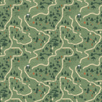 forest green, sage green, beige, cream, orange accents, camping pattern, winding trails, evergreen trees, small cabin, topographic map style, outdoor adventure, nature scene, hiking paths, woodland design,, repeating pattern, camping graphics, forest landscape, adventure theme, outdoor activities