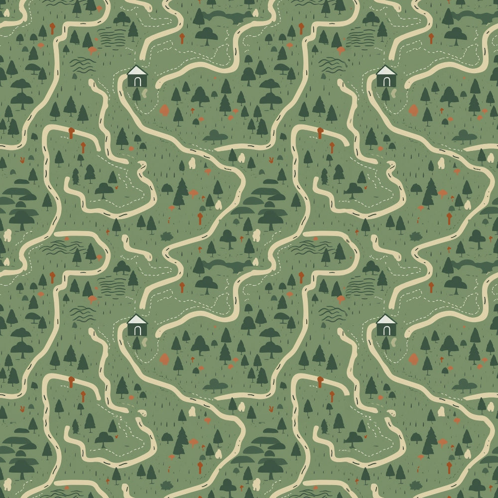 forest green, sage green, beige, cream, orange accents, camping pattern, winding trails, evergreen trees, small cabin, topographic map style, outdoor adventure, nature scene, hiking paths, woodland design,, repeating pattern, camping graphics, forest landscape, adventure theme, outdoor activities