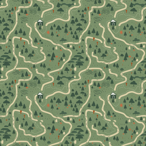 forest green, sage green, beige, cream, orange accents, camping pattern, winding trails, evergreen trees, small cabin, topographic map style, outdoor adventure, nature scene, hiking paths, woodland design,, repeating pattern, camping graphics, forest landscape, adventure theme, outdoor activities