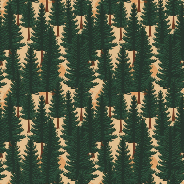 forest green, beige, brown, evergreen trees, pine trees, coniferous forest, woodland pattern, camping theme, outdoor adventure, nature motif, seamless repeat,, fabric panel, rustic style, wilderness design, tree silhouettes, earth tones, natural colors, outdoor enthusiast, forestry pattern