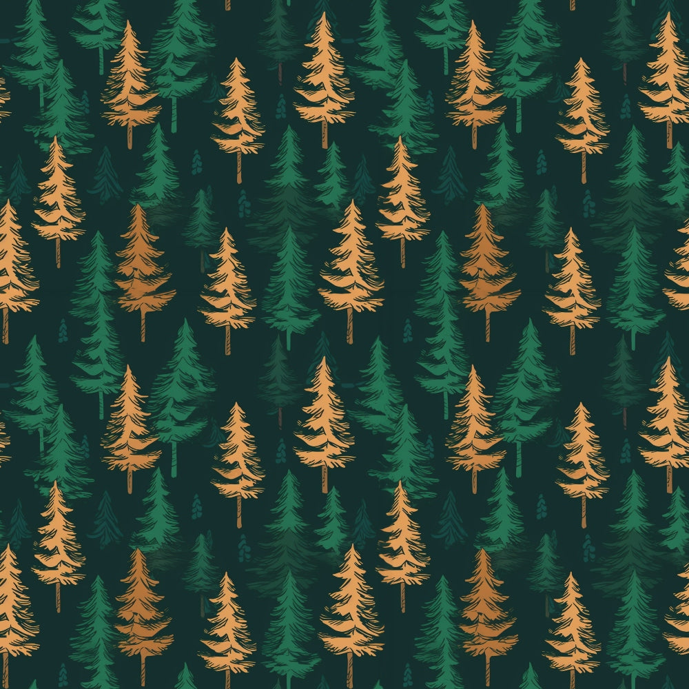 forest green, orange trees, pine trees, evergreen trees, woodland pattern, camping theme, nature design, outdoor motif, tree silhouettes, autumn colors,, fabric panel, repeating pattern, forest scene, coniferous trees, rustic style, wilderness design, camping graphics, mixed greens, golden orange