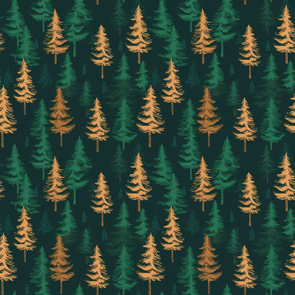 forest green, orange trees, pine trees, evergreen trees, woodland pattern, camping theme, nature design, outdoor motif, tree silhouettes, autumn colors,, fabric panel, repeating pattern, forest scene, coniferous trees, rustic style, wilderness design, camping graphics, mixed greens, golden orange