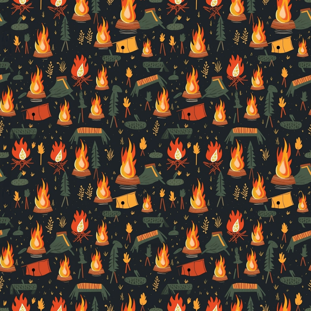 camping pattern, outdoor adventure, campfire flames, dark navy background, orange flames, green trees, evergreen forest, tent illustrations, arrows, logs, nature motifs,, fabric panel, repetitive pattern, woodland theme, fire pit, camping gear, outdoor activities, seamless design, rustic style