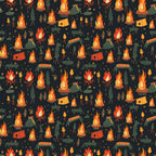 camping pattern, outdoor adventure, campfire flames, dark navy background, orange flames, green trees, evergreen forest, tent illustrations, arrows, logs, nature motifs,, fabric panel, repetitive pattern, woodland theme, fire pit, camping gear, outdoor activities, seamless design, rustic style