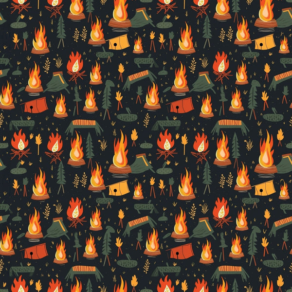 camping pattern, outdoor adventure, campfire flames, dark navy background, orange flames, green trees, evergreen forest, tent illustrations, arrows, logs, nature motifs,, fabric panel, repetitive pattern, woodland theme, fire pit, camping gear, outdoor activities, seamless design, rustic style