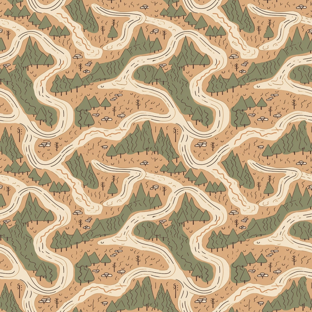 beige, sage green, cream, winding rivers, topographic map, forest trees, evergreen trees, camping theme, outdoor adventure, nature pattern,, fabric panel, seamless repeat, earthy tones, woodland design, hiking trails, cartography style, neutral colors, adventure theme, organic shapes