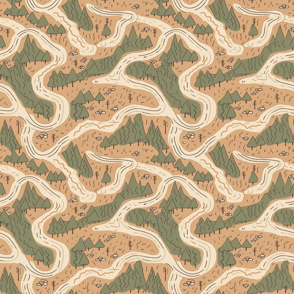 beige, sage green, cream, winding rivers, topographic map, forest trees, evergreen trees, camping theme, outdoor adventure, nature pattern,, fabric panel, seamless repeat, earthy tones, woodland design, hiking trails, cartography style, neutral colors, adventure theme, organic shapes