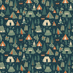 camping theme, outdoor adventure, tents, teepees, trees, forest scene, navy blue background, orange accents, sage green, cream colors, nature motifs, woodland design,, fabric panel, repeating pattern, campfire, pine trees, geometric tents, adventure themed, outdoor lifestyle