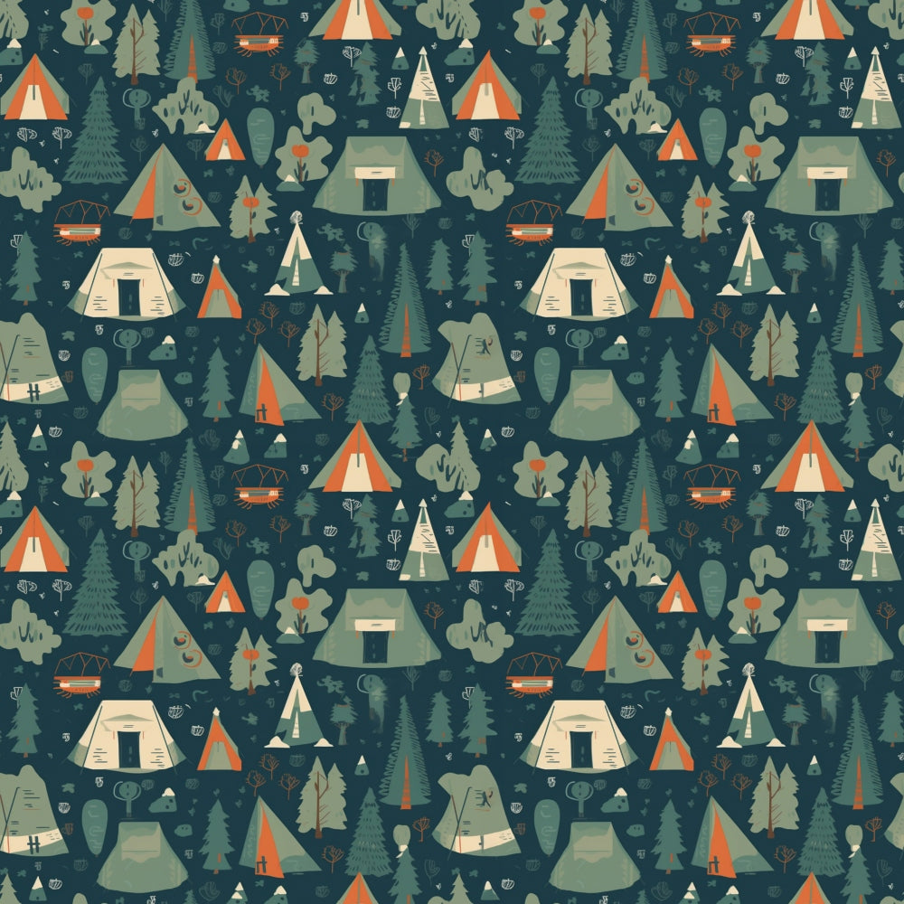 camping theme, outdoor adventure, tents, teepees, trees, forest scene, navy blue background, orange accents, sage green, cream colors, nature motifs, woodland design,, fabric panel, repeating pattern, campfire, pine trees, geometric tents, adventure themed, outdoor lifestyle