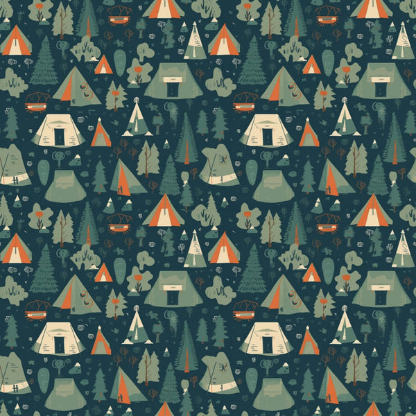 camping theme, outdoor adventure, tents, teepees, trees, forest scene, navy blue background, orange accents, sage green, cream colors, nature motifs, woodland design,, fabric panel, repeating pattern, campfire, pine trees, geometric tents, adventure themed, outdoor lifestyle