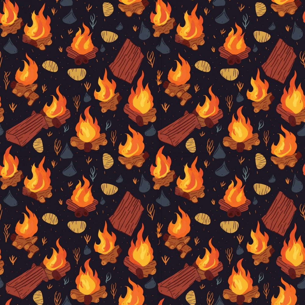 camping pattern, campfire flames, orange flames, yellow fire, dark navy background, logs and kindling, wood bundles, outdoor adventure, nature elements,, fabric panel, seamless repeat, rustic camping, bonfire design, wilderness theme, brown wood, outdoor recreation, camping motifs, fire pit, woodland pattern
