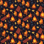 camping pattern, campfire flames, orange flames, yellow fire, dark navy background, logs and kindling, wood bundles, outdoor adventure, nature elements,, fabric panel, seamless repeat, rustic camping, bonfire design, wilderness theme, brown wood, outdoor recreation, camping motifs, fire pit, woodland pattern