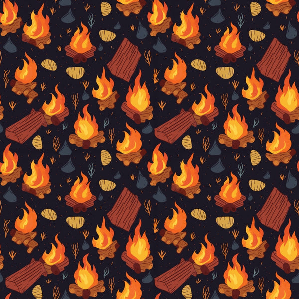camping pattern, campfire flames, orange flames, yellow fire, dark navy background, logs and kindling, wood bundles, outdoor adventure, nature elements,, fabric panel, seamless repeat, rustic camping, bonfire design, wilderness theme, brown wood, outdoor recreation, camping motifs, fire pit, woodland pattern