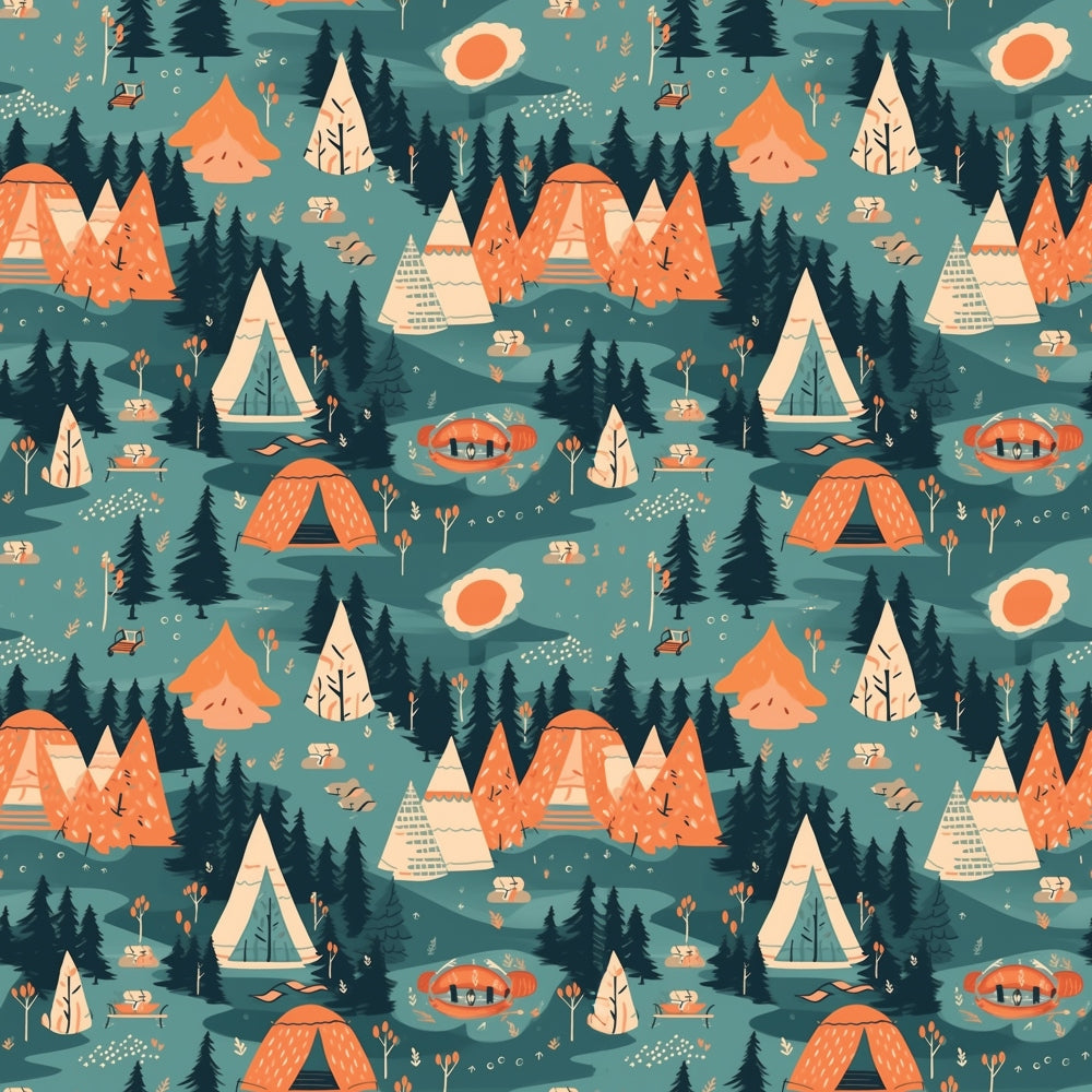 camping pattern, outdoor adventures, teepees, tents, evergreen trees, forest scene, orange accent color, teal background, cream details, nature motifs, camping gear, woodland design, geometric triangles, modern illustration style,, fabric panel, adventure theme, outdoor lifestyle, camping equipment, stylized graphics
