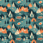camping pattern, outdoor adventures, teepees, tents, evergreen trees, forest scene, orange accent color, teal background, cream details, nature motifs, camping gear, woodland design, geometric triangles, modern illustration style,, fabric panel, adventure theme, outdoor lifestyle, camping equipment, stylized graphics