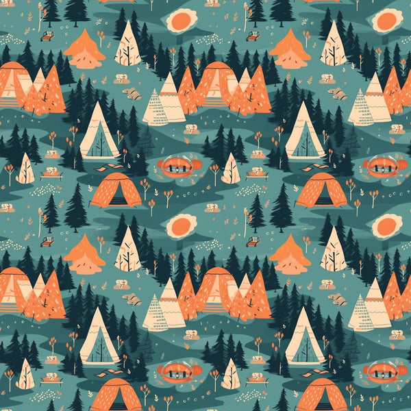 camping pattern, outdoor adventures, teepees, tents, evergreen trees, forest scene, orange accent color, teal background, cream details, nature motifs, camping gear, woodland design, geometric triangles, modern illustration style,, fabric panel, adventure theme, outdoor lifestyle, camping equipment, stylized graphics
