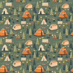 camping pattern, forest green, orange tents, cream canvas, pine trees, outdoor adventure, nature scene, recreational vehicles, campfire flames, wilderness motifs,, fabric panel, evergreen foliage, autumn colors, woodland camping, tent camping, rv trailers, scattered design, camping gear, outdoor lifestyle
