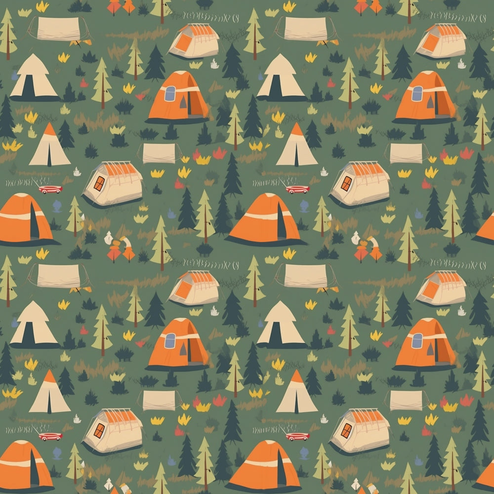 camping pattern, forest green, orange tents, cream canvas, pine trees, outdoor adventure, nature scene, recreational vehicles, campfire flames, wilderness motifs,, fabric panel, evergreen foliage, autumn colors, woodland camping, tent camping, rv trailers, scattered design, camping gear, outdoor lifestyle