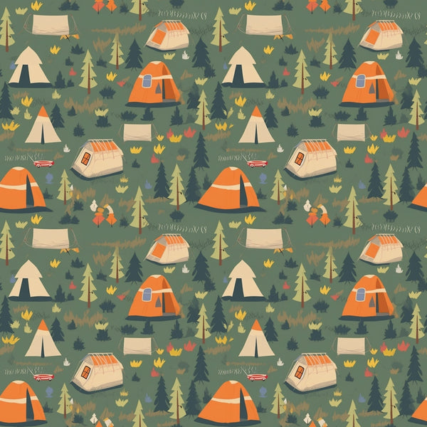 camping pattern, forest green, orange tents, cream canvas, pine trees, outdoor adventure, nature scene, recreational vehicles, campfire flames, wilderness motifs,, fabric panel, evergreen foliage, autumn colors, woodland camping, tent camping, rv trailers, scattered design, camping gear, outdoor lifestyle