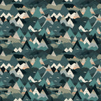 mountain landscape, geometric peaks, teal green, sage green, coral pink, cream white, navy blue, triangular mountains, layered hills, abstract scenery, outdoor adventure, nature pattern, camping theme,, fabric panel, modern illustration, stylized landscape, seamless repeat, wilderness design, contemporary art style