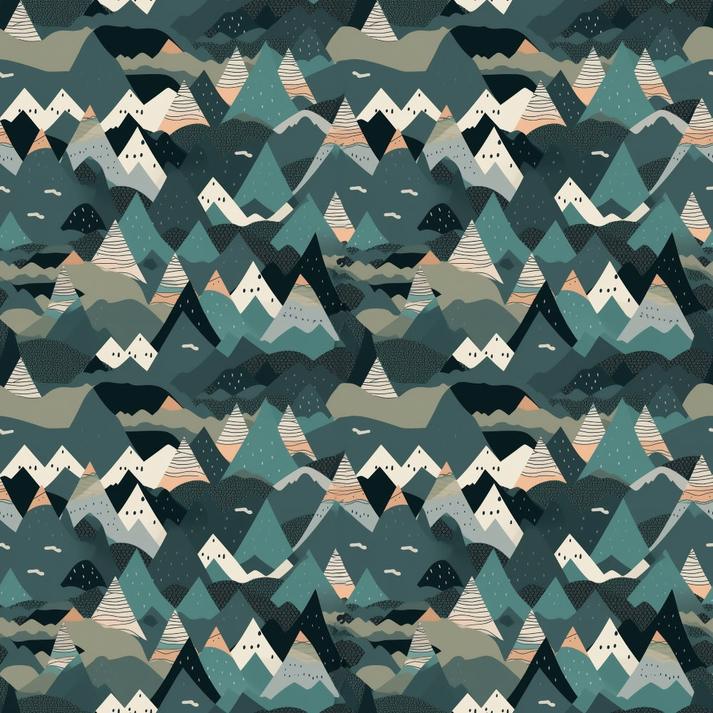 mountain landscape, geometric peaks, teal green, sage green, coral pink, cream white, navy blue, triangular mountains, layered hills, abstract scenery, outdoor adventure, nature pattern, camping theme,, fabric panel, modern illustration, stylized landscape, seamless repeat, wilderness design, contemporary art style