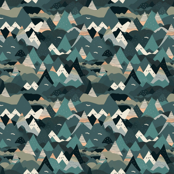 mountain landscape, geometric peaks, teal green, sage green, coral pink, cream white, navy blue, triangular mountains, layered hills, abstract scenery, outdoor adventure, nature pattern, camping theme,, fabric panel, modern illustration, stylized landscape, seamless repeat, wilderness design, contemporary art style