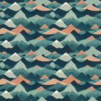 Illustrated pattern of stylized mountains in shades of teal, green, orange, and white, featuring repetitive peaks and geometric shapes.