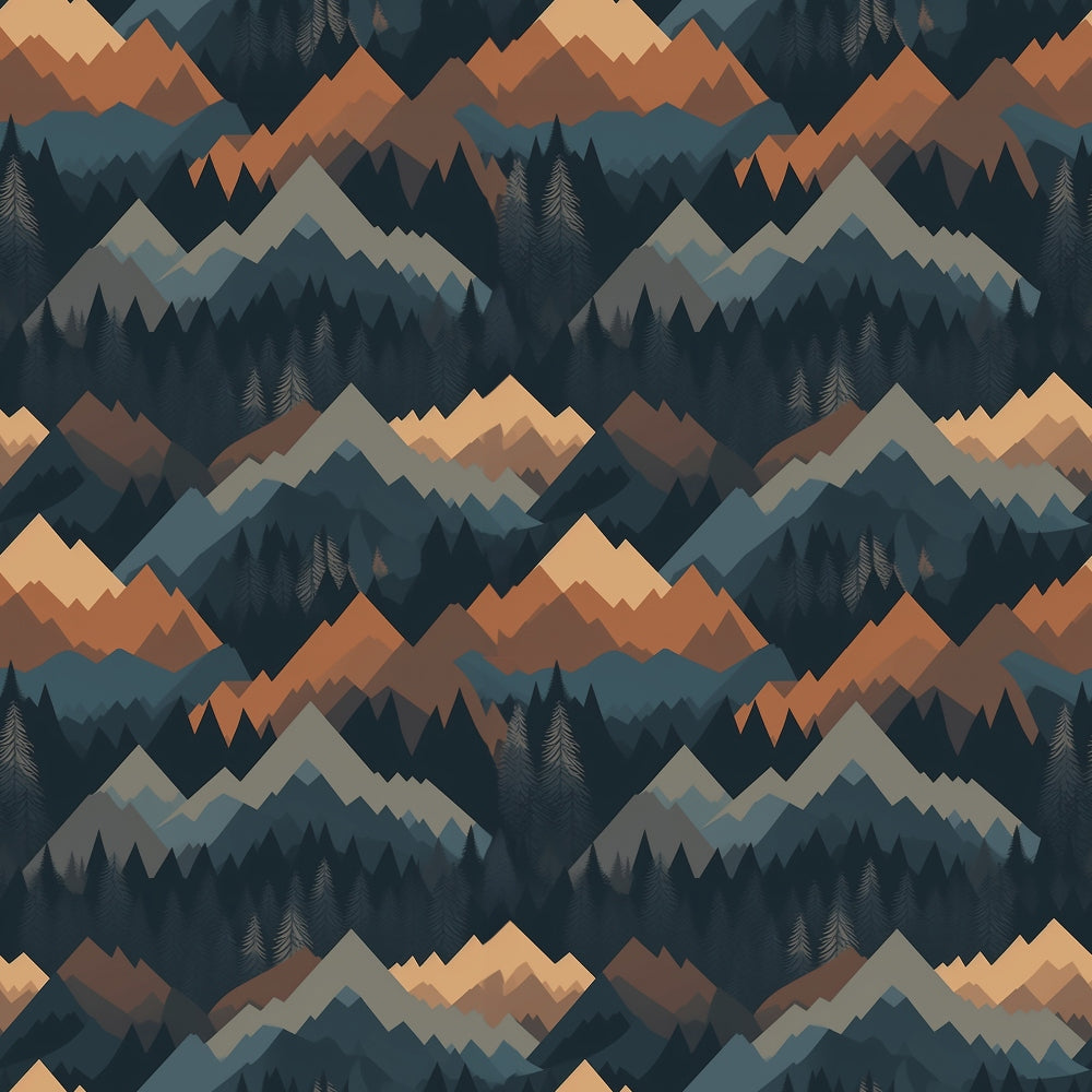 mountains, forest, trees, geometric pattern, orange, teal, navy blue, gray, brown, layered hills, evergreen trees, abstract landscape, nature scene, outdoor theme, camping motif,, fabric panel, wilderness, silhouettes, repeating pattern