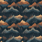 mountains, forest, trees, geometric pattern, orange, teal, navy blue, gray, brown, layered hills, evergreen trees, abstract landscape, nature scene, outdoor theme, camping motif,, fabric panel, wilderness, silhouettes, repeating pattern