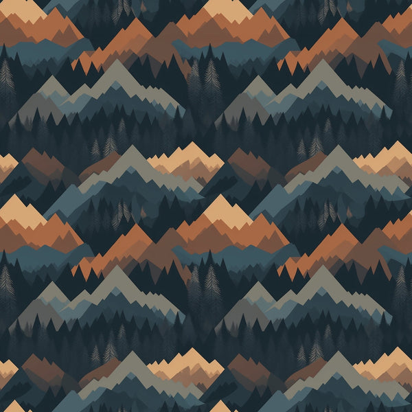 mountains, forest, trees, geometric pattern, orange, teal, navy blue, gray, brown, layered hills, evergreen trees, abstract landscape, nature scene, outdoor theme, camping motif,, fabric panel, wilderness, silhouettes, repeating pattern