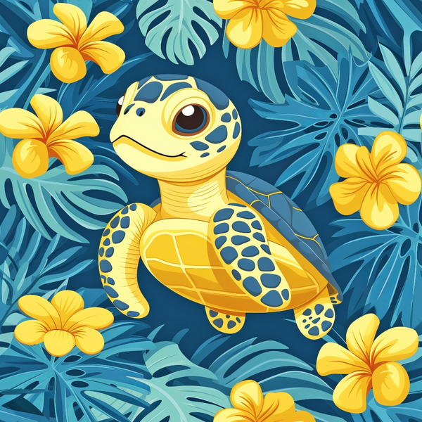 cartoon sea turtle, baby turtle, yellow turtle, tropical flowers, hibiscus flowers, palm leaves, monstera leaves, blue background, navy blue, golden yellow, turquoise, aqua blue, tropical pattern, ocean theme, hawaiian style,, fabric panel, cheerful design, summer vibes, beach theme