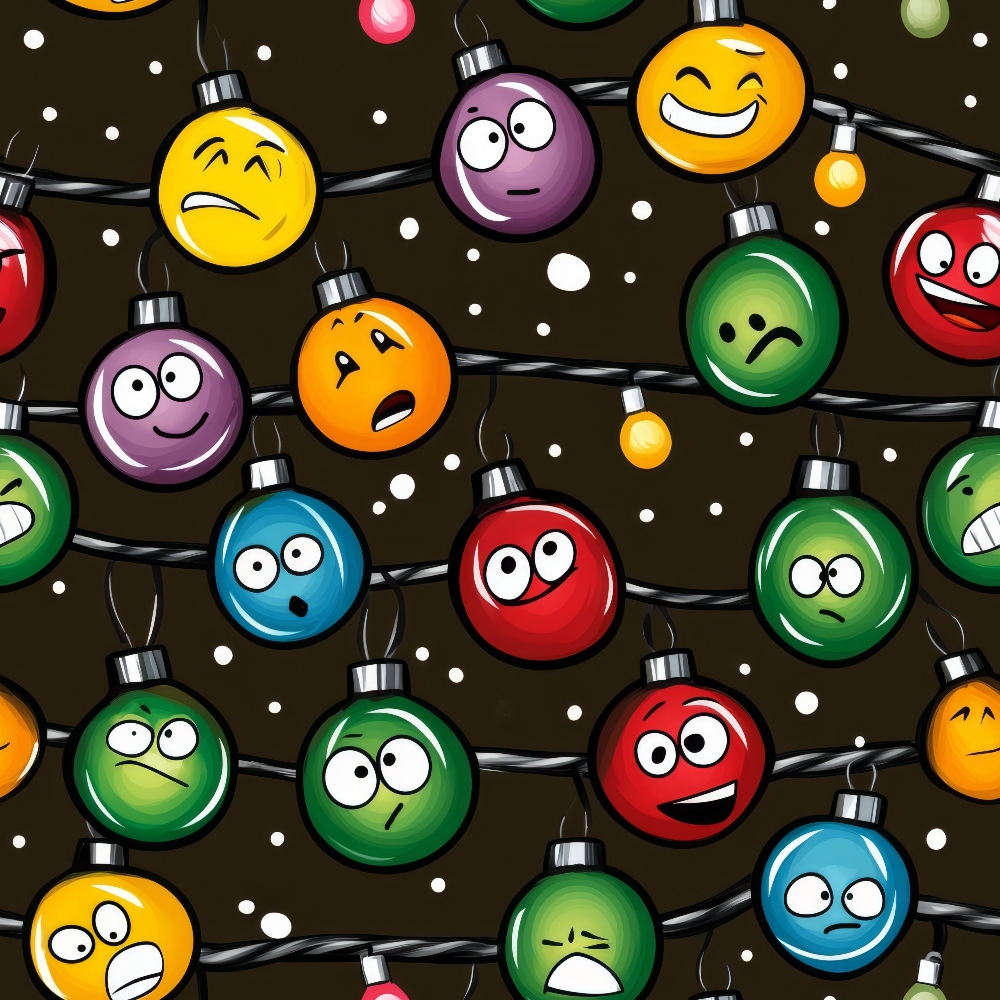 cartoon christmas lights,, fabric panel, emoji faces, colorful ornaments, yellow bulbs, red ornaments, green lights, blue decorations, purple baubles, orange bulbs, smiling faces, sad expressions, surprised looks, holiday lights, festive pattern, christmas decorations, playful design, winter theme, novelty fabric