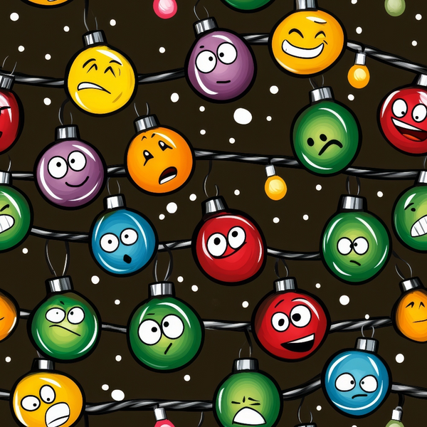 cartoon christmas lights,, fabric panel, emoji faces, colorful ornaments, yellow bulbs, red ornaments, green lights, blue decorations, purple baubles, orange bulbs, smiling faces, sad expressions, surprised looks, holiday lights, festive pattern, christmas decorations, playful design, winter theme, novelty fabric
