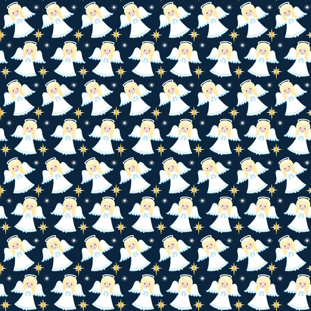 navy blue, white, golden yellow, angels, halos, wings, cartoon style, christmas, nativity, stars, celestial, repeating pattern,, fabric panel, holiday theme, cute characters, blonde angels, starry night, festive, whimsical