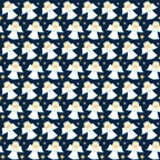 navy blue, white, golden yellow, angels, halos, wings, cartoon style, christmas, nativity, stars, celestial, repeating pattern,, fabric panel, holiday theme, cute characters, blonde angels, starry night, festive, whimsical