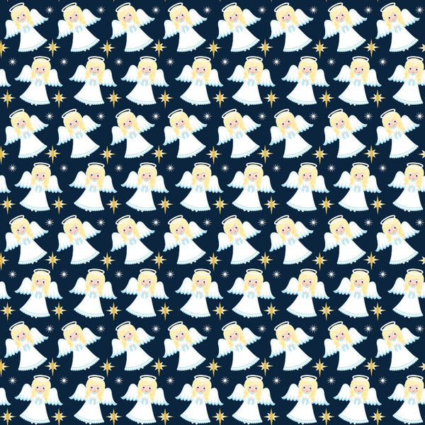 navy blue, white, golden yellow, angels, halos, wings, cartoon style, christmas, nativity, stars, celestial, repeating pattern,, fabric panel, holiday theme, cute characters, blonde angels, starry night, festive, whimsical