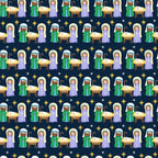 navy blue, dark blue, cartoon style, nativity scene, mary, joseph, baby jesus, manger, shepherd, stars, gold stars, white stars, christmas theme, religious motif,, fabric panel, repeating pattern, purple robes, green robes, biblical characters, holiday fabric