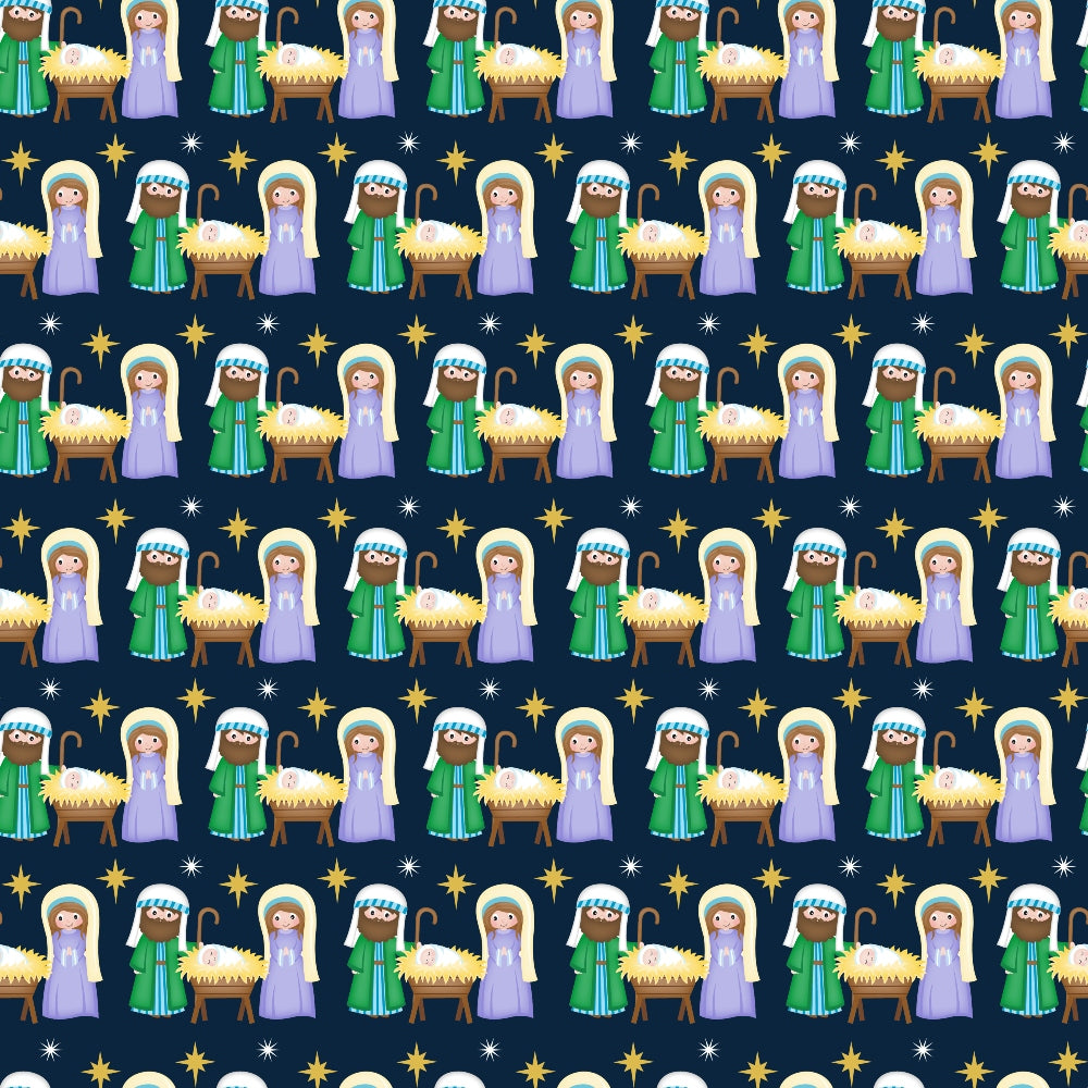navy blue, dark blue, cartoon style, nativity scene, mary, joseph, baby jesus, manger, shepherd, stars, gold stars, white stars, christmas theme, religious motif,, fabric panel, repeating pattern, purple robes, green robes, biblical characters, holiday fabric